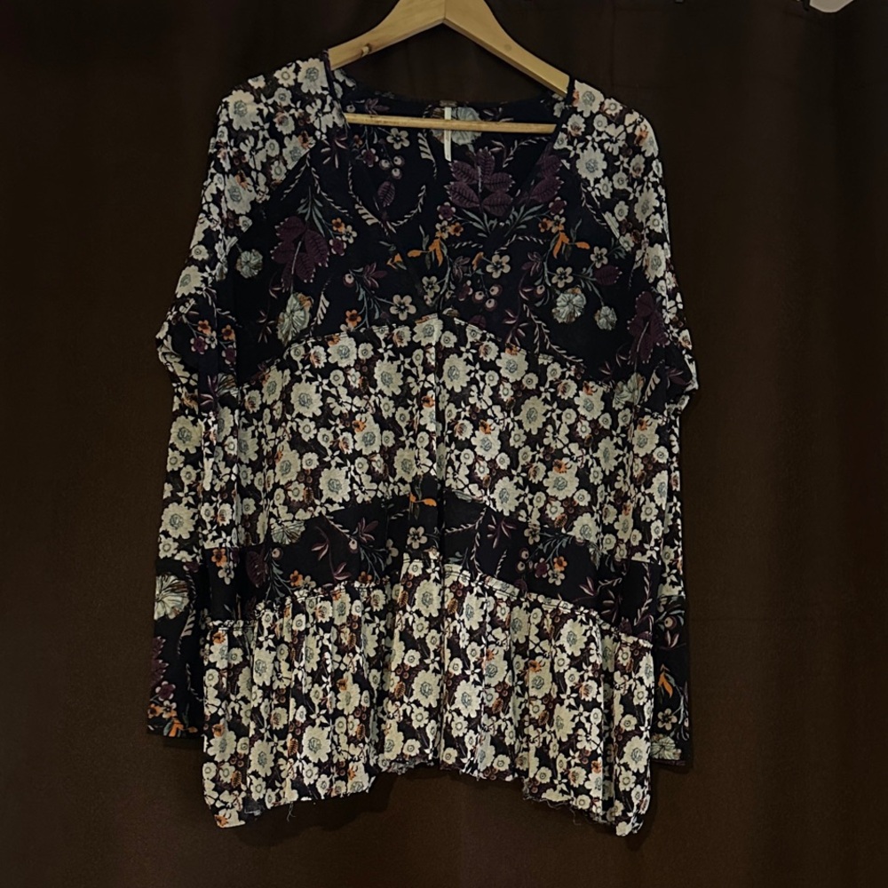 Free People Floral Patchwork Blouse - Black and Cream